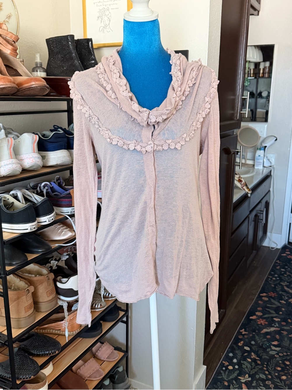 Women's Light Pink Ruffle-Trim Long-Sleeve Blouse